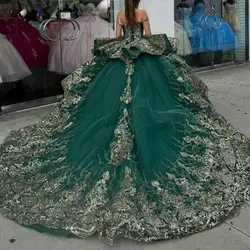 Custom Made Emerald Quinceanera Dresses Off Shoulder Gold Lace Applique Ball Gown Sweet 15 16 Birthday Party Prom Dress Vestido