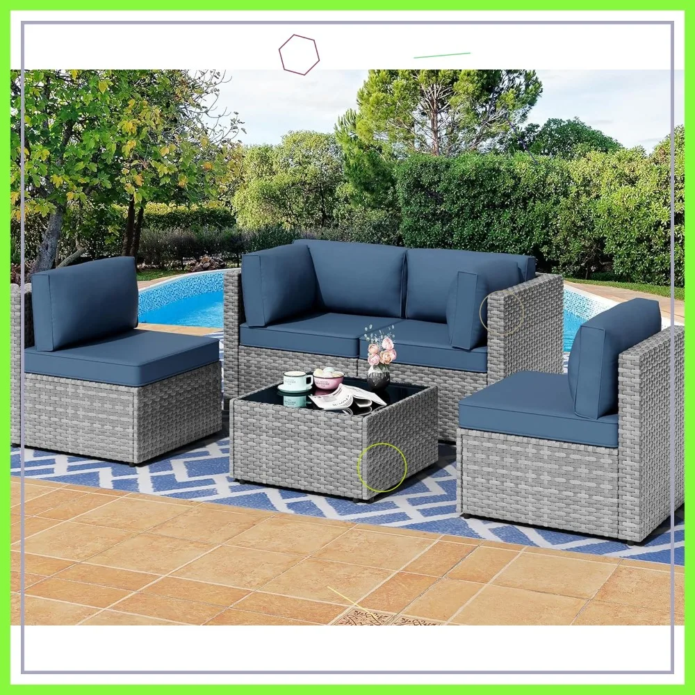 

5-Piece Outdoor Patio Furniture Set, Gray PE Wicker Sectional Sofa with Washable Cushions & Table in Aegean Blue