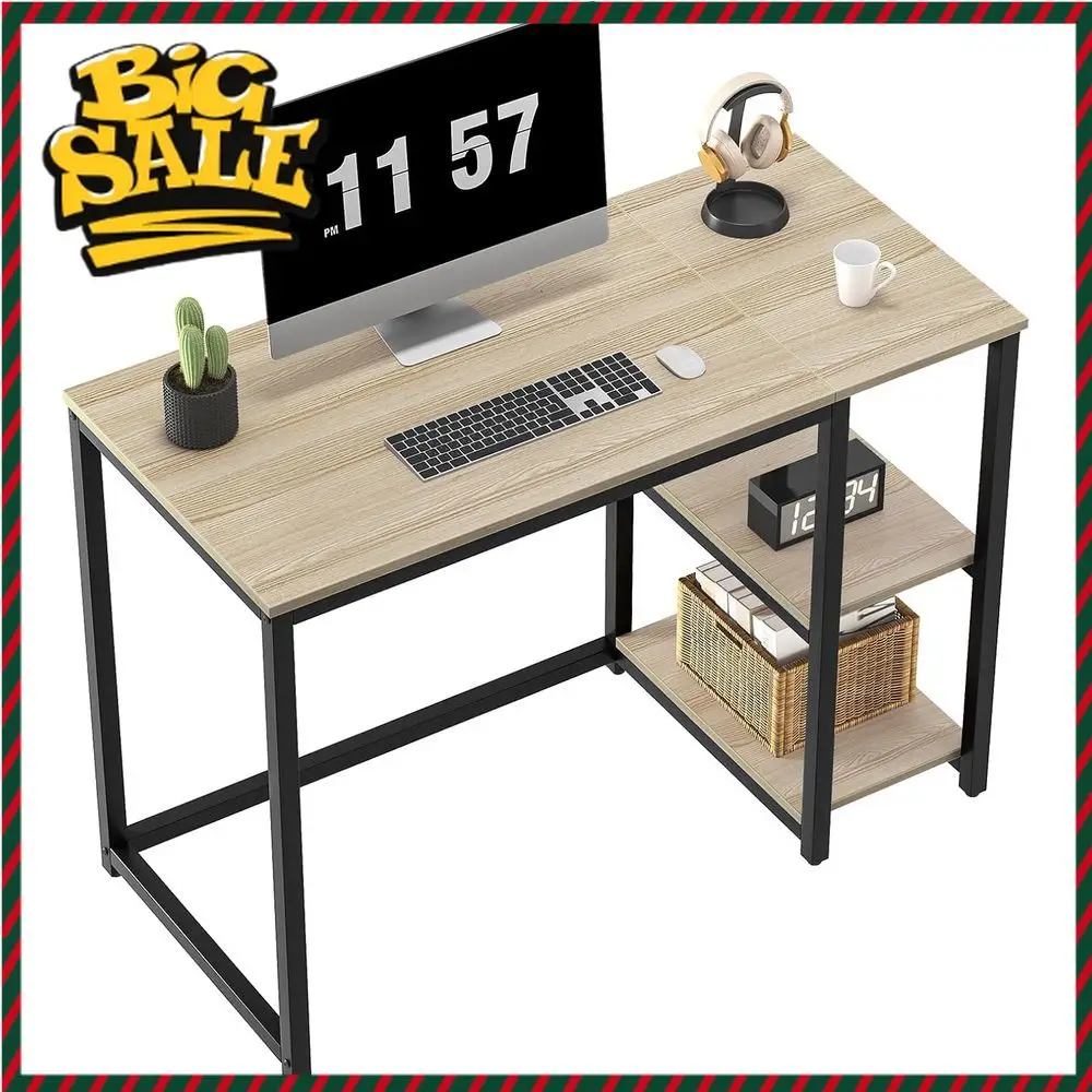 

40-дюймовый дубовый письменный стол с полками для хранения, прочный стол из светлого дерева для игр и письма, бежевый. Ограниченное предложение.