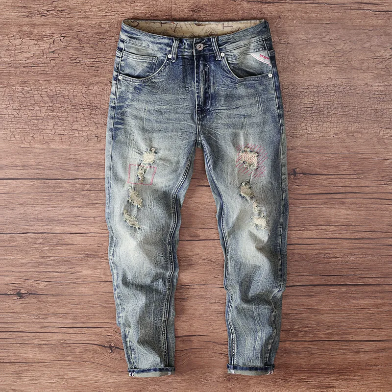 

Spring and Autumn 2025 Trendy Brand High end Men's Cowboy Pants with Hole Patches, Personalized Trendy Slimming Small Leg Pants