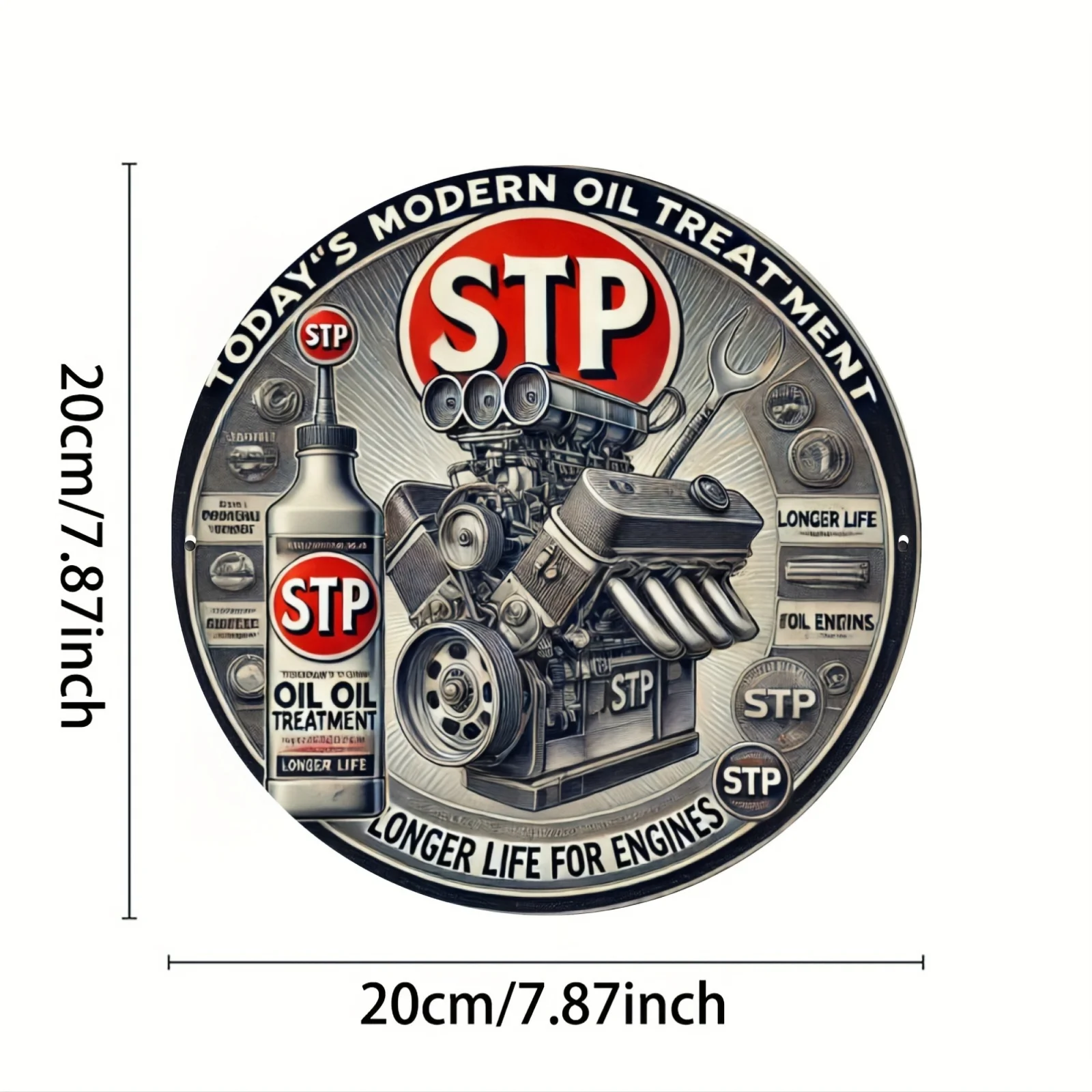 Vintage STP Oil Treatment Metal Wall Sign - 8x8 Inch Round Aluminum Decor with Red & White Engine Design, 