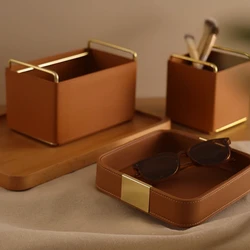 Storage Box Key Tray Leather Storage Box Jewelry Cosmetics Lipstick Leather Remote Control Desktop Storage Home Decoration