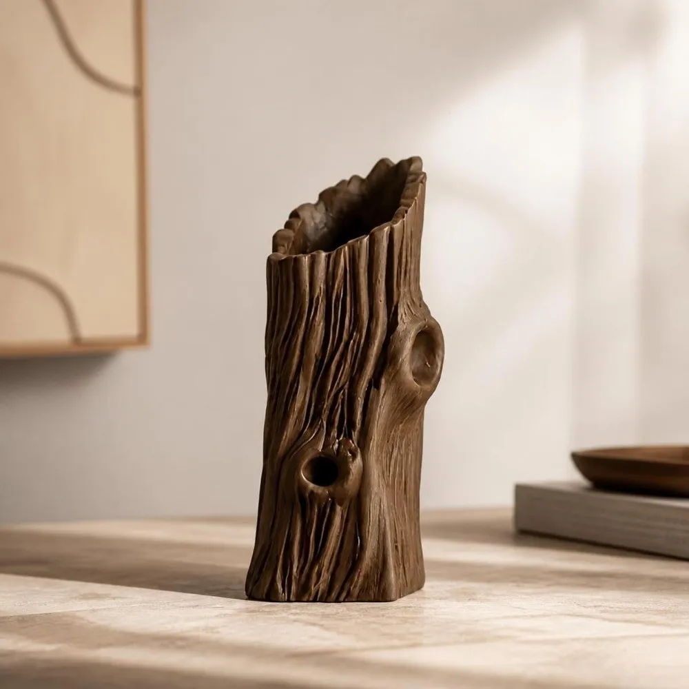 Tree Hole Shape Flower Vase 3D Printed Desktop Decor Plant Pot Rustic Style Artificial Driftwood Planter Desktop Decoration