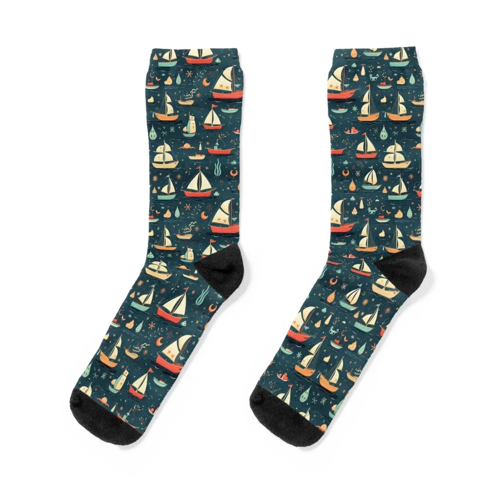 Anchors, sailboats, and cute sea creatures seamless pattern with a nautical theme. #1 Socks Climbing Socks Women's Men's