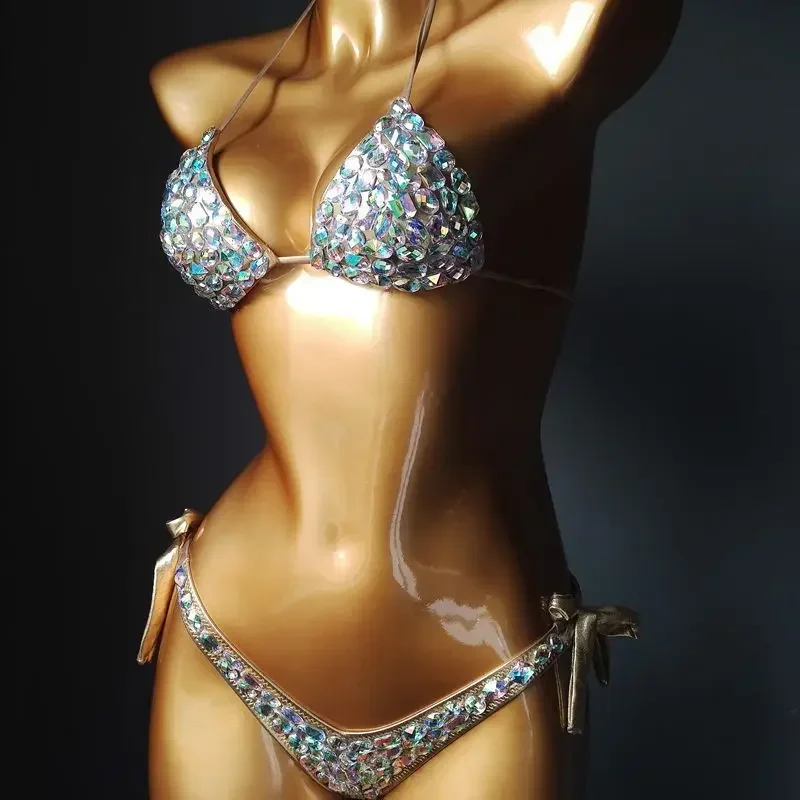 Luxury Bikini 2 Piece Swimsuit Sexy Women Rhinestone Bra and Thong Set Push Up High Waist Bathing Suit Bling Fashion Beachwear