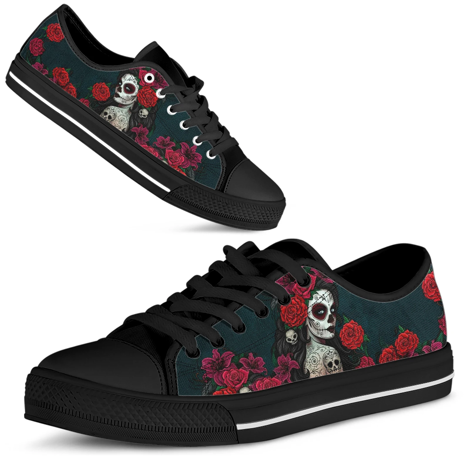 ELVISWORDS Calavera Skull Girl Design Flat Shoes Spring Outdoor Casual Shoes Comfortable Canvas Shoes Black Soft Sole Sneakers