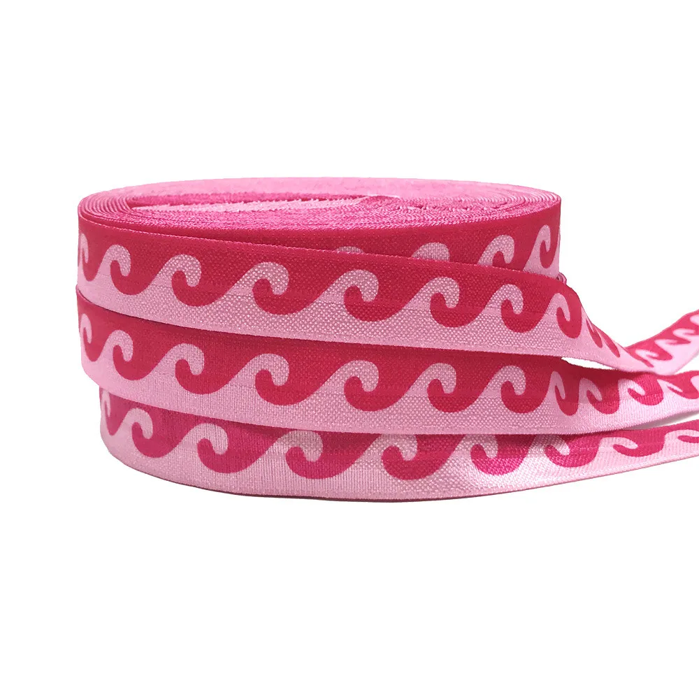 Sea Wave Print 4 Colors Fold Over Elastic 15MM FOE Ribbon For DIY Headwear Gift Webbing Accessories 10yard