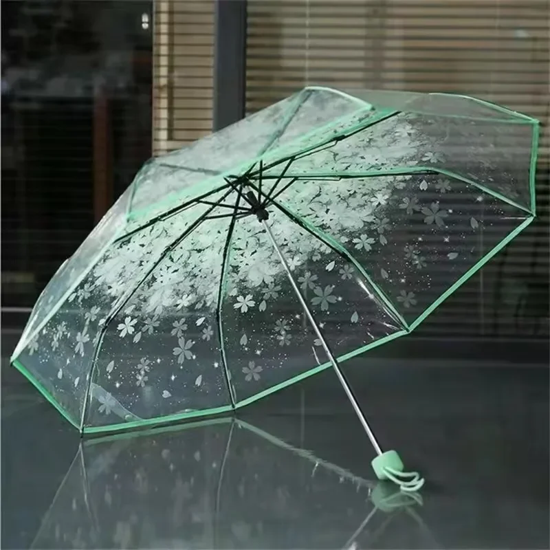 Korean Umbrella Folding Cute Korean Mini Fresh Simple Sen Series Trifold Cherry Blossom Transparent Japanese Umbrella