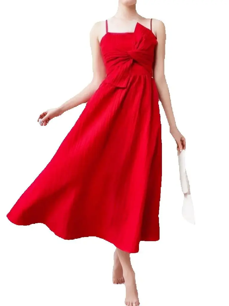 

Chic Spaghetti Straps Big Knot Tea Length Dress Red