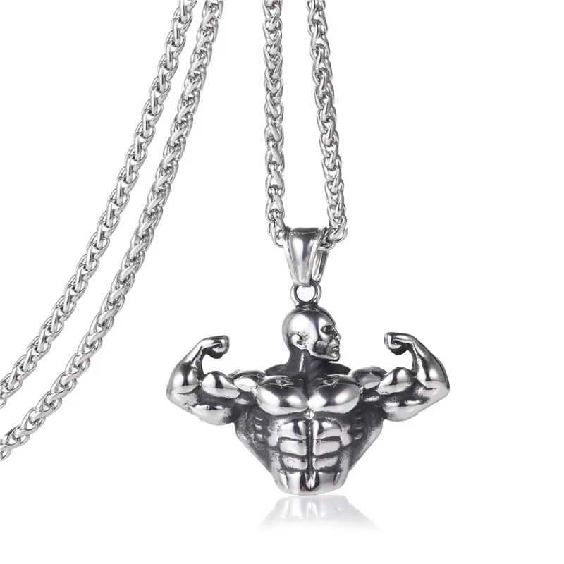 Workout Strong Man Pendant Necklace Stainless Steel Chain Necklaces Fitness Bodybuilding Men Sports Hip Hop Jewelry