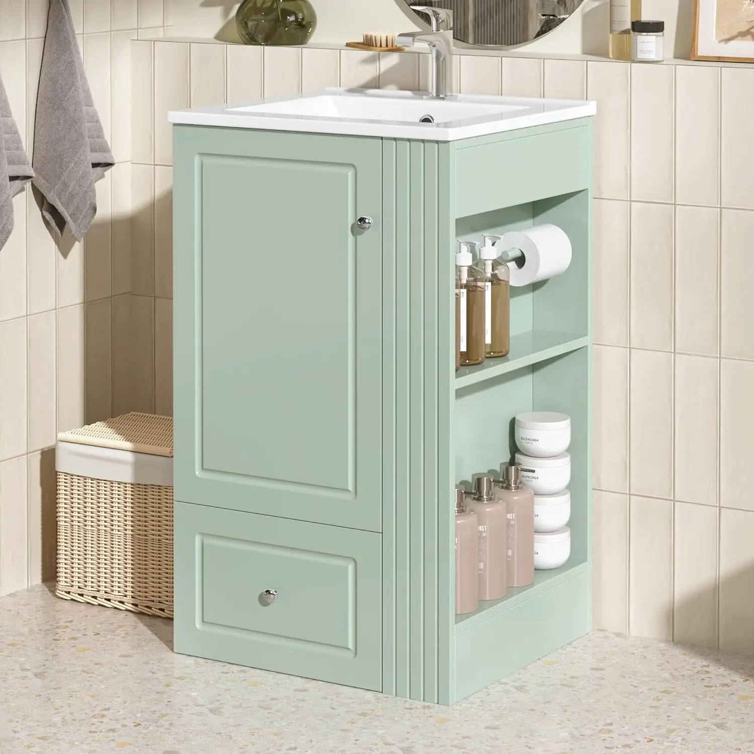 

20" Freestanding Vanity Ceramic Sink Soft-Close Drawer Pinewood Towel Bar MDF Compact Space Customized
