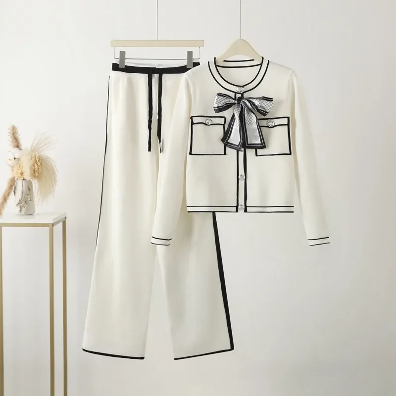 

Autumn Pleated Bow Tie Two Pieces Women Sweater Tracksuits O Neck Cardigan + Wide Leg Pants Suits Women 2 Pieces Sets Knit Suits