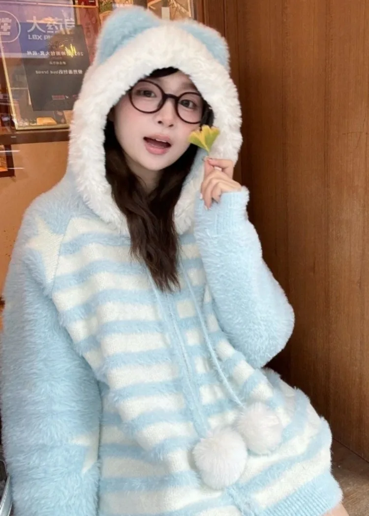

Fluffy Stripe Women Drawstring Hooded Tops Y2k Aesthetic Casual Loose Zippers Grunge Jackets Contrast Color Grunge Harajuku Coat