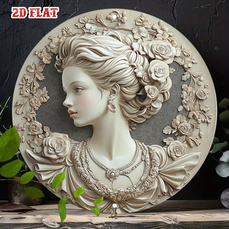 Arte de pared de aluminio con diseño de mujer tranquila con rosas, decoración temática de costa de espuma marina para sala de estar, impresión redonda sin marco