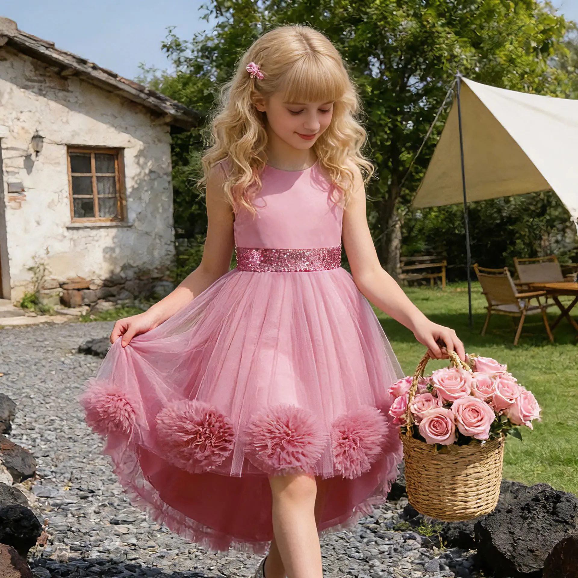 

New children's dress princess girls flower trailing piano performance tutu skirt