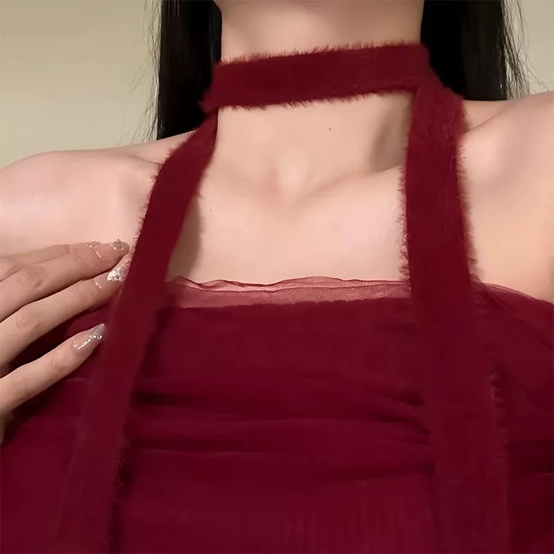 

Korean Fashion Neck Protection Scarf Women Red Plush Thin Long Simple Versatile Belt Neck Warmer Accessory