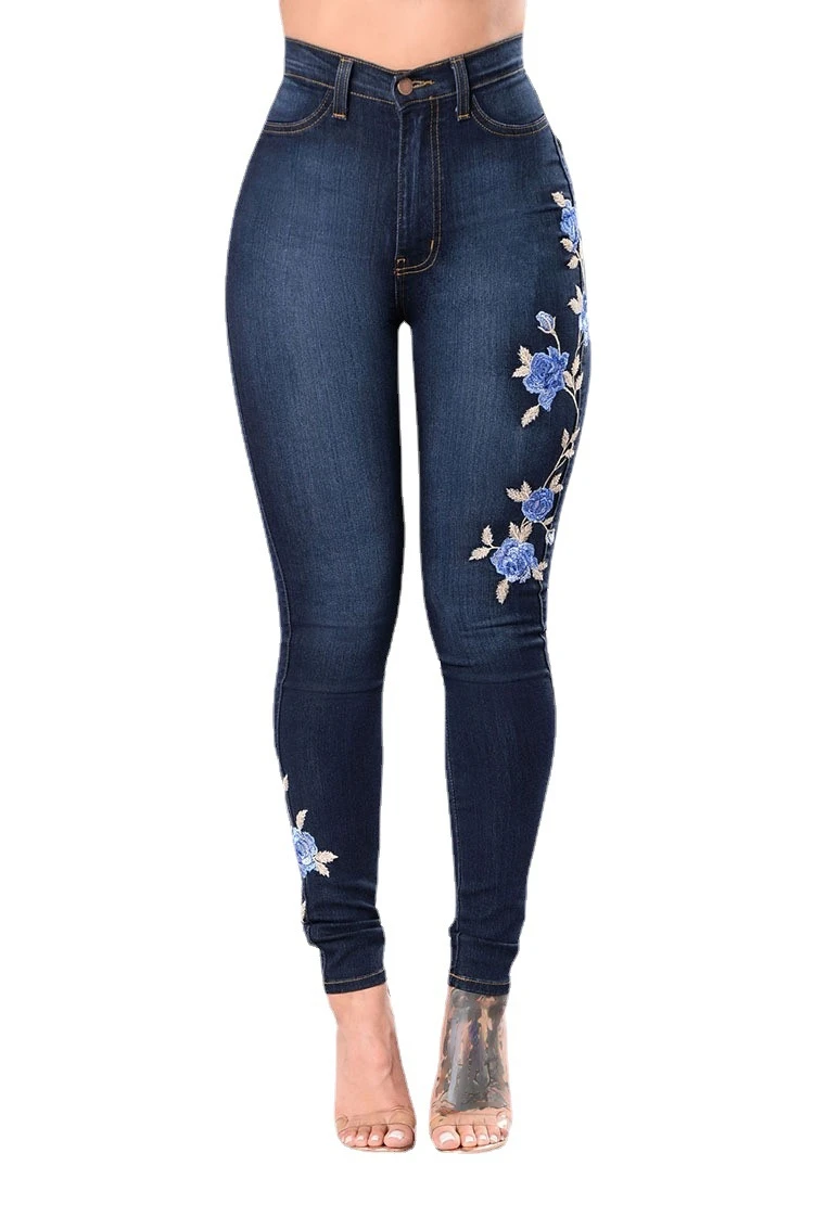 

Fashion Embroidered High Waist Stretch Pencil Denim Trousers Ladies Jeans Women's Clothing