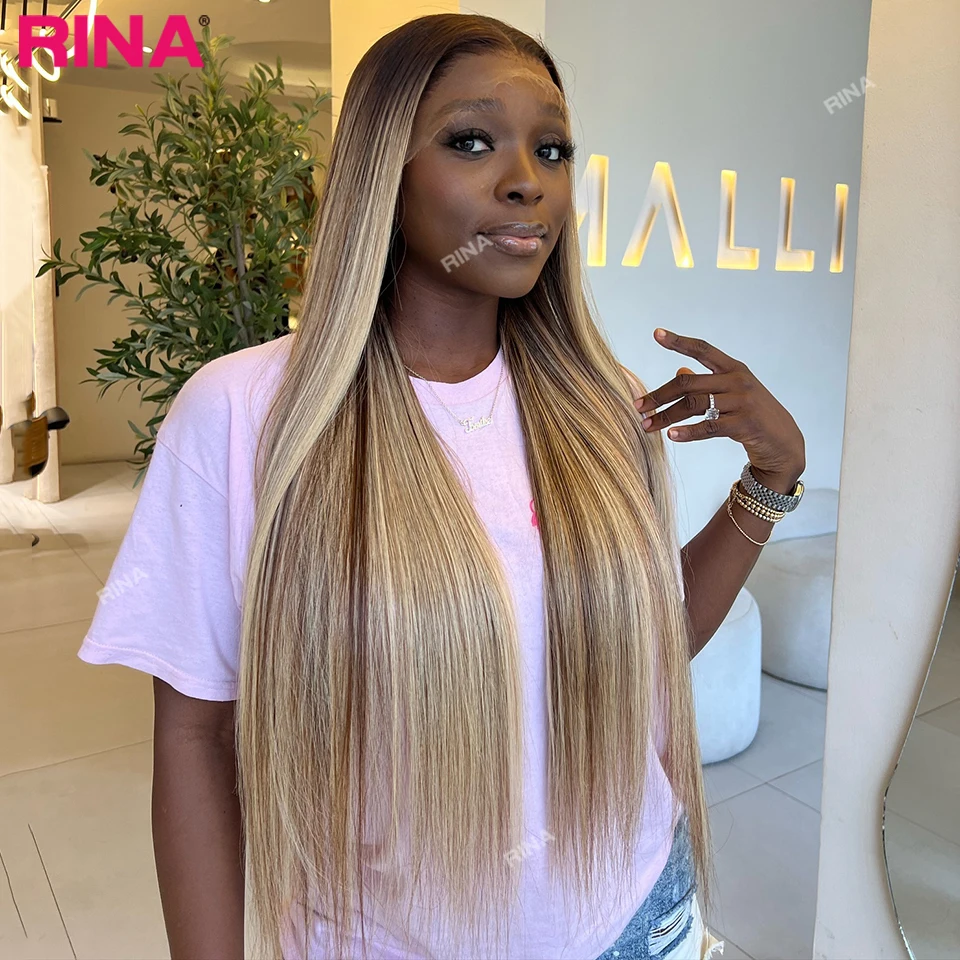 

Ombre Highlight Blonde Straight 13x4 Lace Frontal Wig Human Hair Pre Plucked Dark Root Ombre Blonde Colored Lace Front Wigs