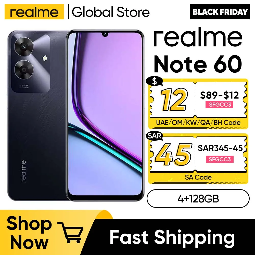 realme Note 60 6.74\'\' 90Hz Display 32MP Super Clear Camera 5000mAh Battery 4GB+256GB Drop Resistant Smartphone