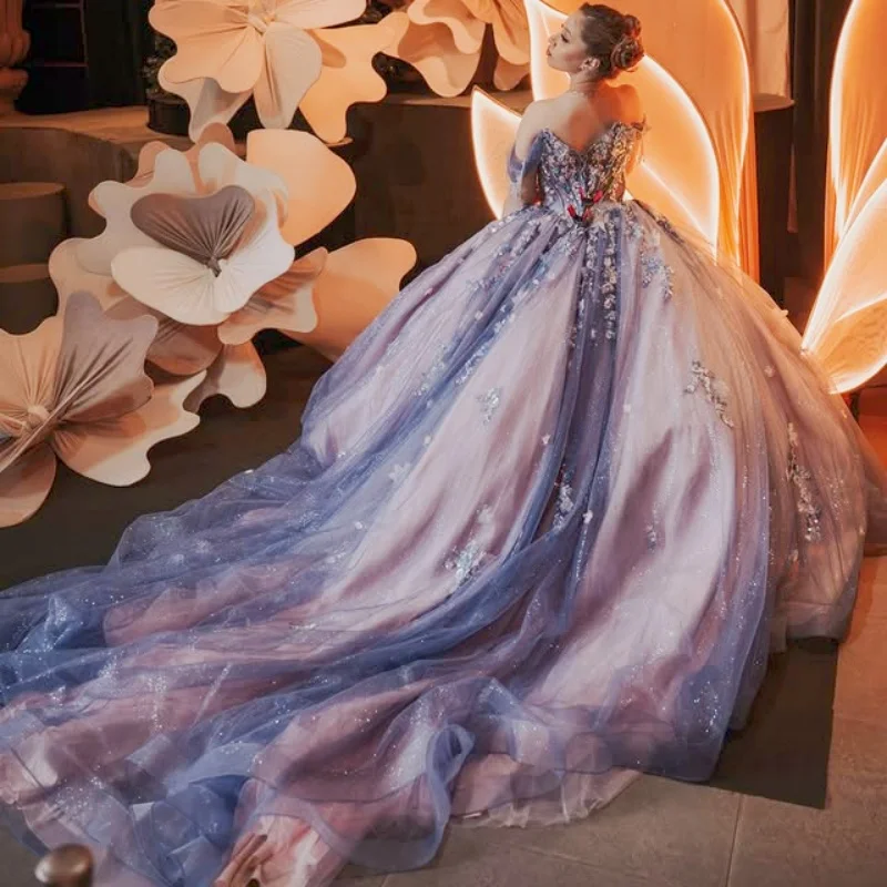 Shiny Dusty Purple Quinceanera Dress crystal glitter 3D flower Decal Long tail bead Lace Vestidos De 15 Quinceanera ﻿Customize