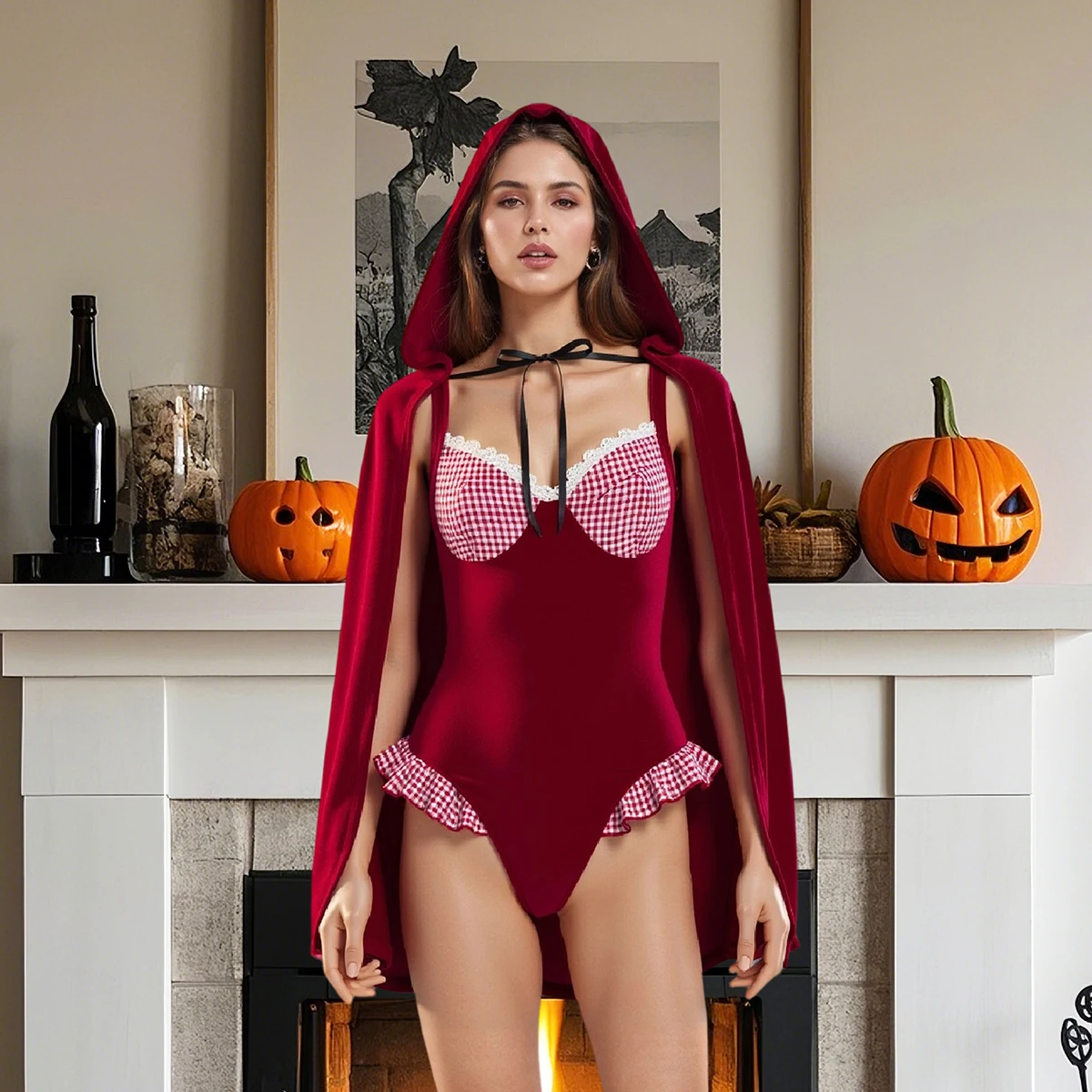 

Women Cosplay Costume Sleeveless Plaid Patchwork Romper with Cloak Halloween Costume