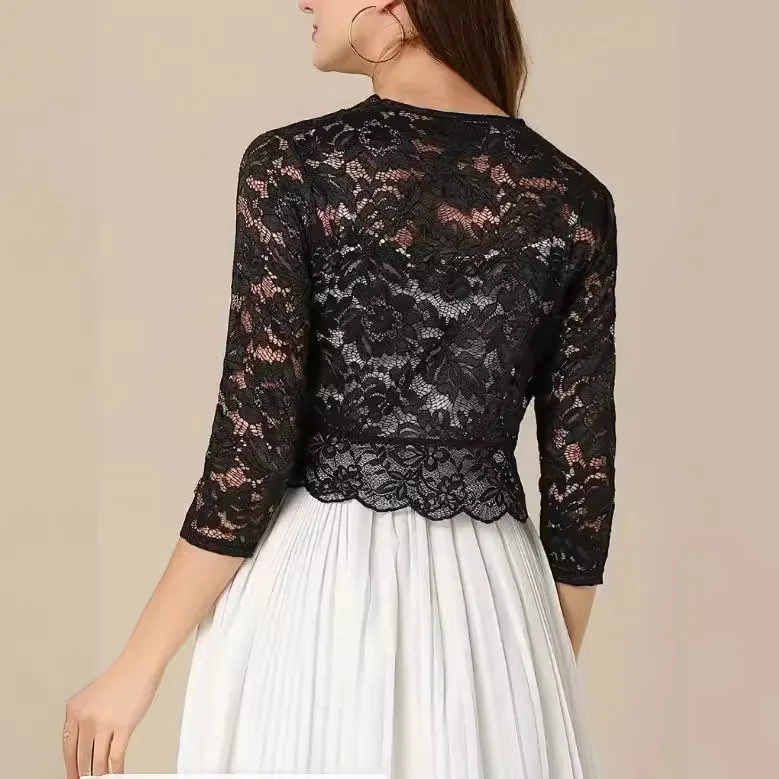 2025 Women's Vest Short Collarless Cardigan Top Solid Color Elegant Lace Shirt