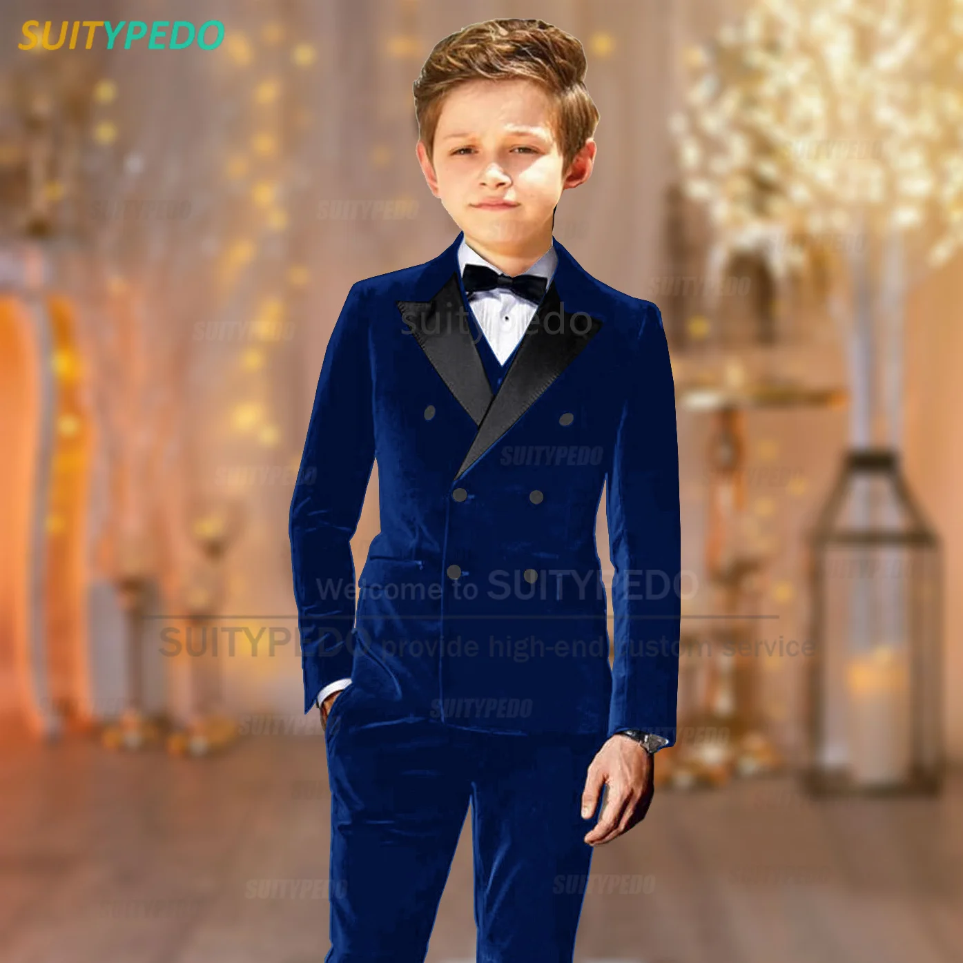 Kid Boys Velvet Suit Sets Formal Banquet Tailor-made Costumes Christmas Party Fashion Double Breasted Child Blazer Vest Pants