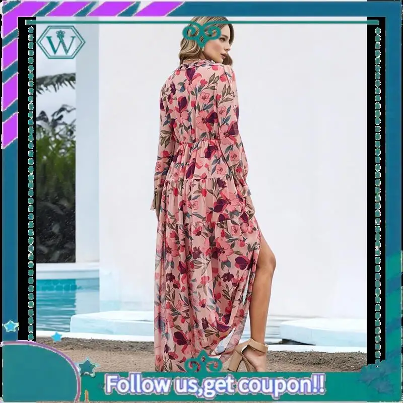 A09P Damska codzienna sukienka boho z głębokim dekoltem w serek i długim rękawem