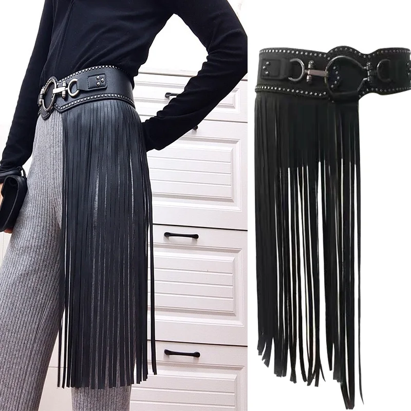 Women Punk Wide Elastic Waist Belt Tassel Fringe Skirt Belt Vintage PU Leather Waistband Belt with Buckle for Party Dance XS-XL