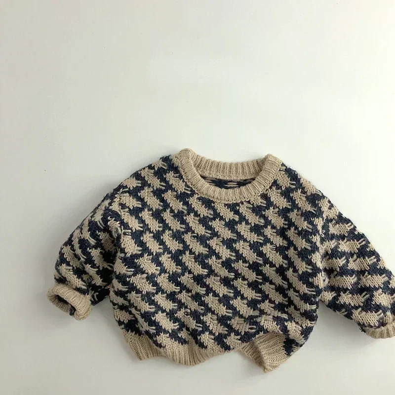

7734-1 Children Sweater Classic Houndstooth Plaid Knitted Sweater Autumn and Winter Casual Boy's Sweater