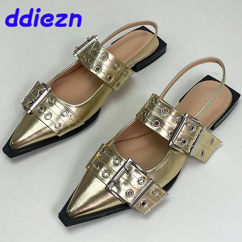 New Footwear Golden Women Flats Shoes Slingback Luxury Female Buckle Fashion Pointed Toe Ladies Flat Shoes Sandals Big Size 43