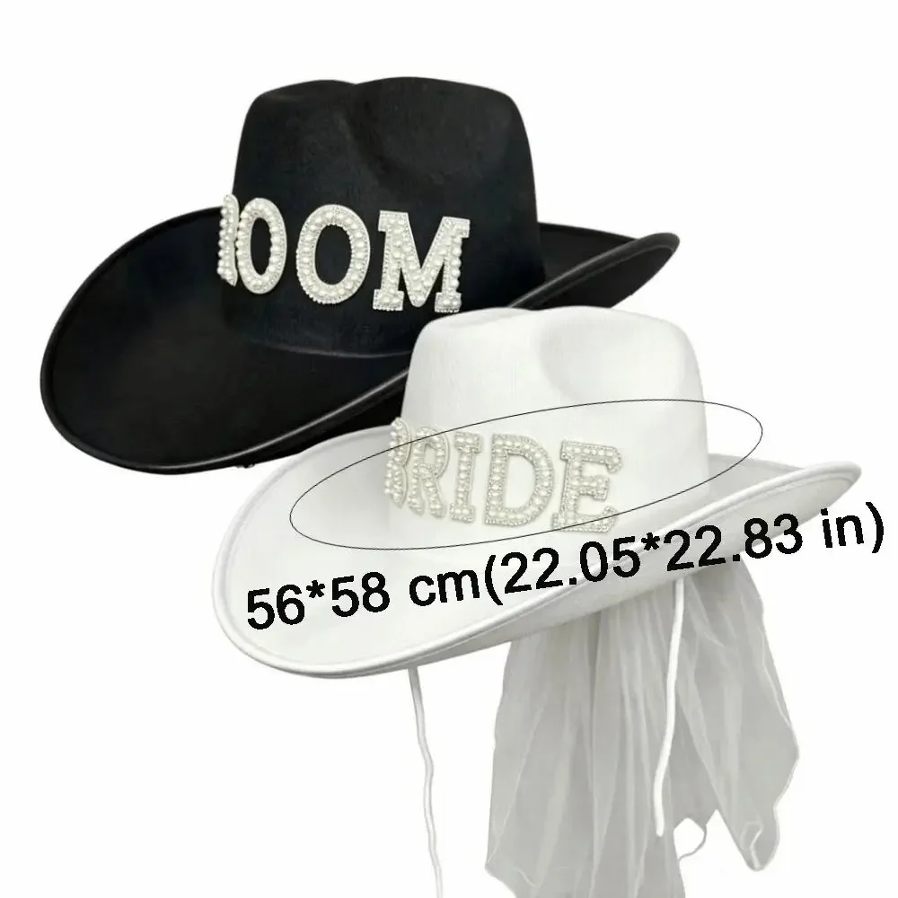 Non-woven Fabric Bride White Cowboy Veil Hat Wide Brim with Pearls Bride Cowgirl Hat Romantic Cowboy Pearl Bride Hat view 6