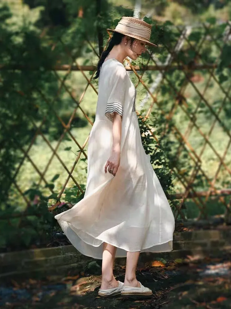 Ele V-ne Geborduurd Linnen Dr Dames Losse Lange Rok Zomer Woon-werk Sle Medium Softn ort Sve Plant Bloemen