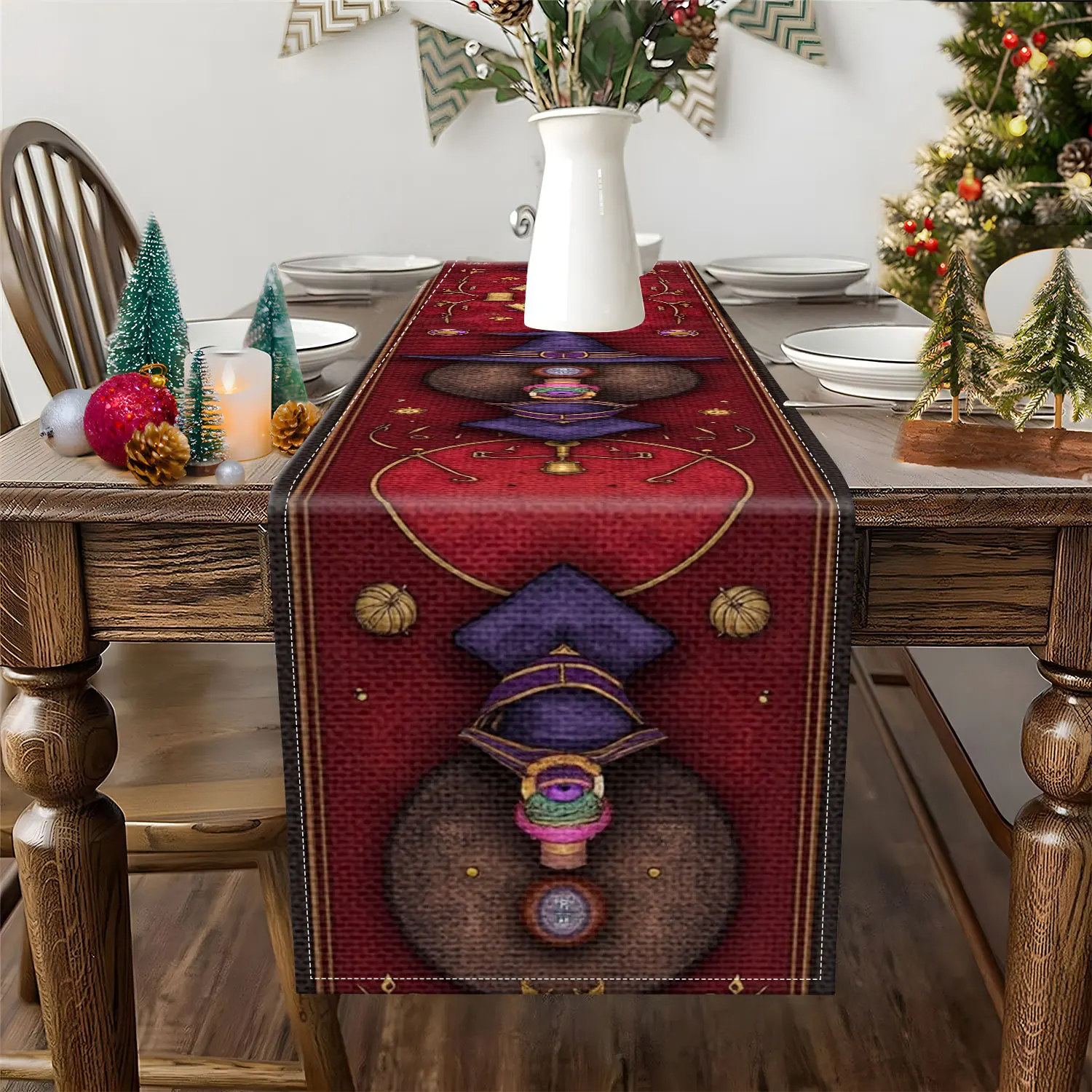 1 Piece of Magic-Themed Table Runner with Patterns of Wizard Hats, Brooms, Etc., Suitable for Fantasy-Themed Parties, Magical-Style Home Decorations, Etc