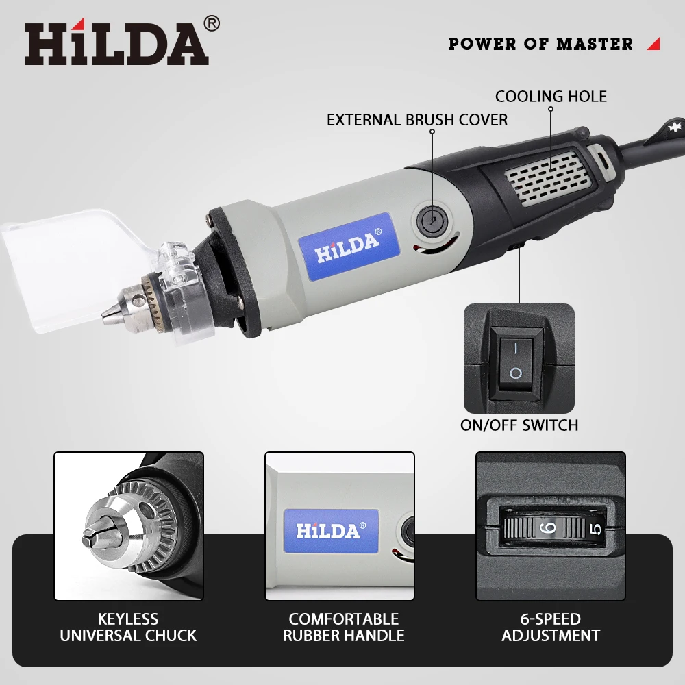 HILDA 400W Mini wiertarka elektryczna narzędzie obrotowe narzędzia elektryczne zmienna prędkość 6-pozycyjne narzędzia obrotowe Mini szlifierka — zdjęcie 4
