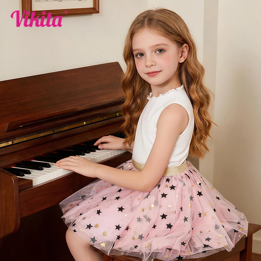Vikita Mädchen Stern Pailletten applizierte Röcke Mädchen Geburtstags feier Abschluss ball Gwon Kinder Mesh Tüll rosa täglich lässig Prinzessin Miniröcke