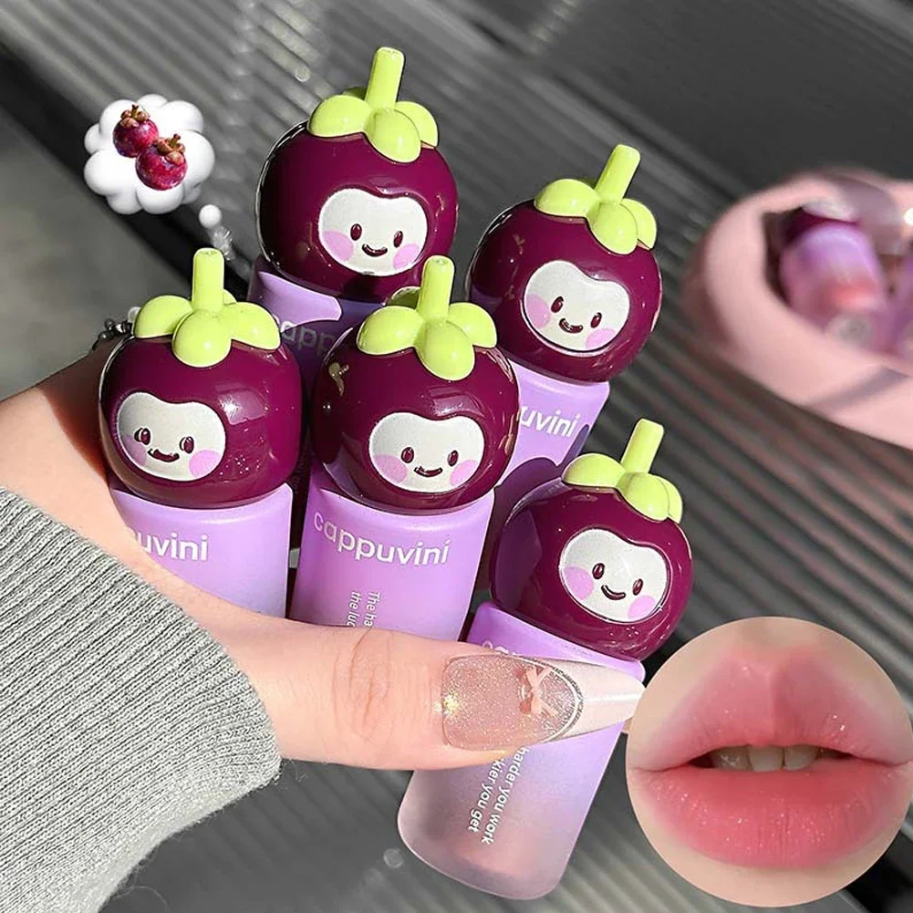 Sweet Mirror Lip Gloss, Cute Mangosteen Cartoon Top, Gradient Frosted Purple‑Pink Bottle, Hydrating Glossy Daily Lip Makeup