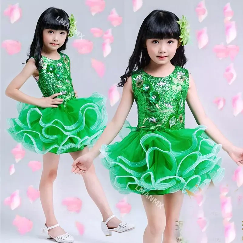 Traje de dança lantejoulas para meninas, vestido de noiva, roupas de salão infantil, criança tutu