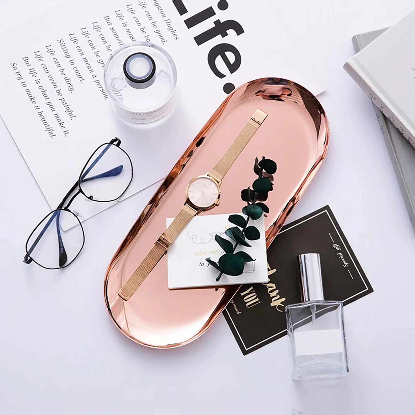 Bright rose gold oval stainless steel jewelry tray desktop ring storage organizer cosmetics jewelry metal storage tray