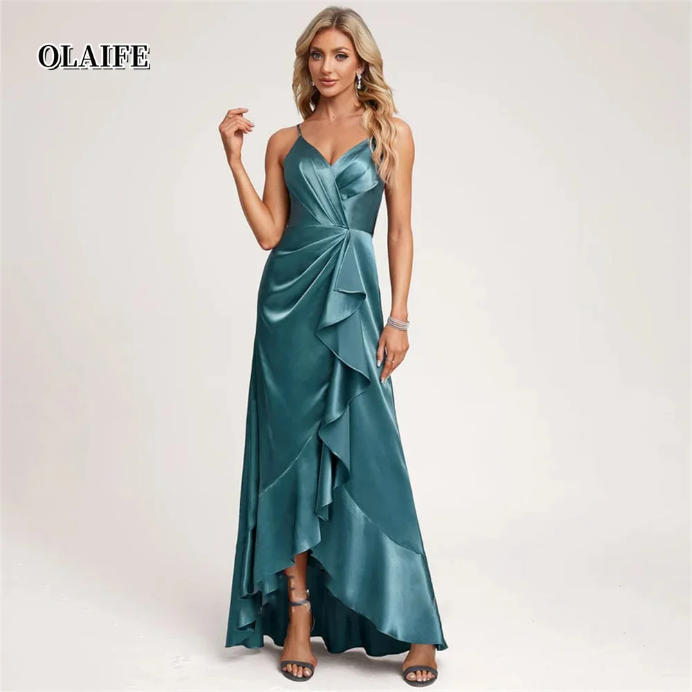 New Sheath Wedding Dress V-Neck Asymmetrical Wedding Guest Dresses Stretch Satin With Ruffle Bridesmaid Dresses Party Dresses