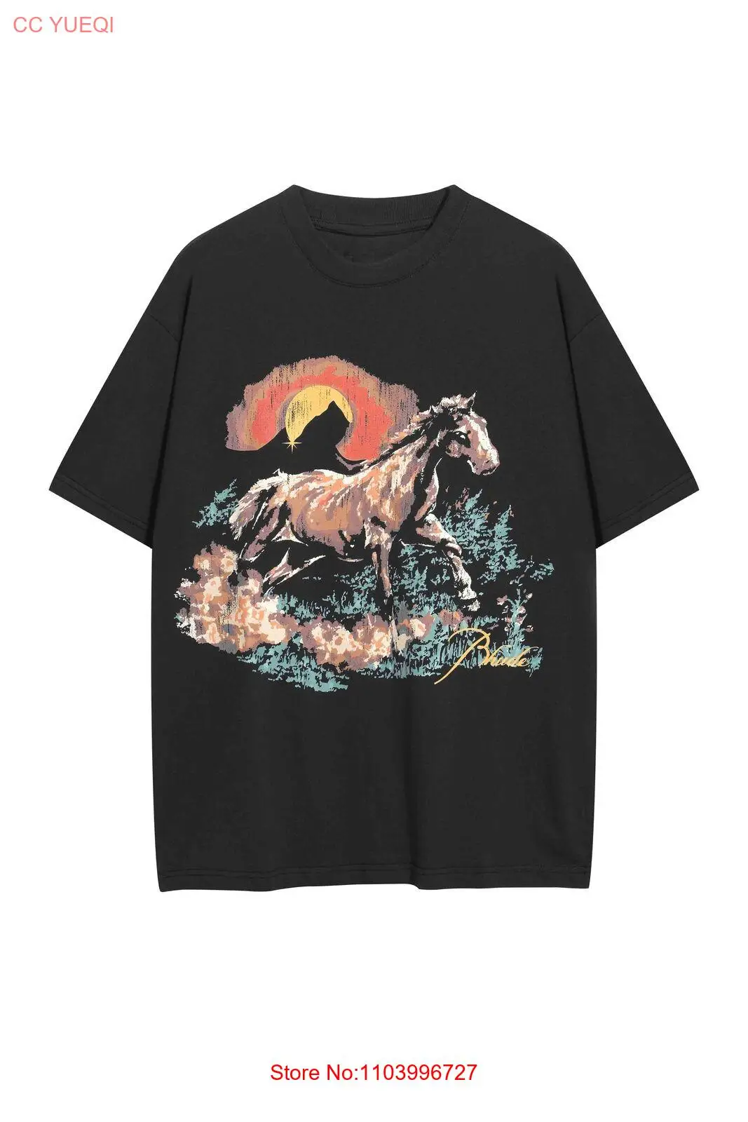 

Mustang Sunset Logo Printed Retro Short sleeved Unisex T-shirt Black Tops