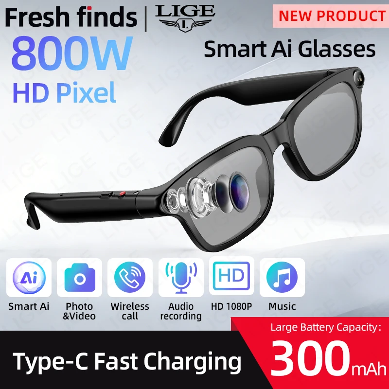 

Умные очки LIGE New 800W AI с функцией перевода, воспроизведением музыки, записью видео 8K HD, изменением цвета линз, спортивные солнцезащитные очки для мужчин и женщин