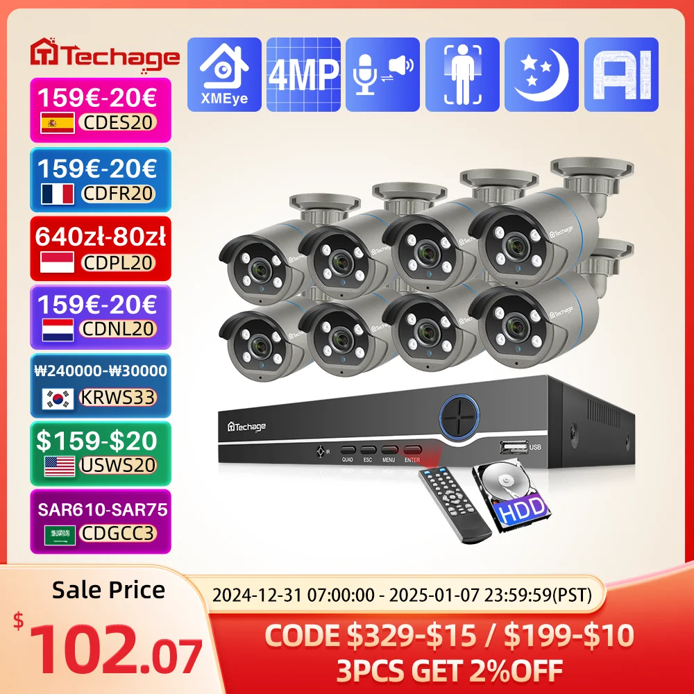 

Techage 8CH 4MP POE Security Camera System POE Kit P2P CCTV Surveillance Outdoor Audio Record Security IP Camera System