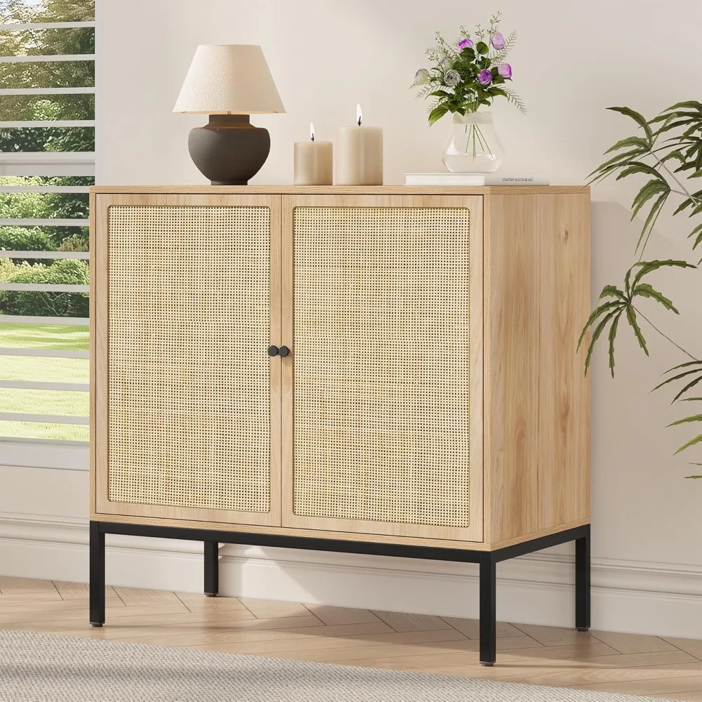 

Sideboard Cabinet with Natural Rattan Decorated Doors, 31.5 Rattan Cabinet, Accent Buffet Console Storage Cane Credenza C