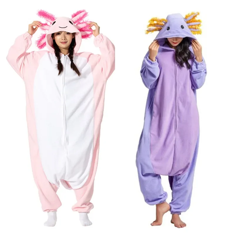 New 2025 Onesieshow Animal Kigurumi Pyjamas Halloween Onesie Adult Kids Cartoon Purple Axolotl Pajama Cosplay Party Women MX158