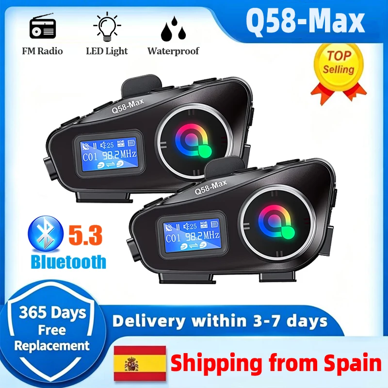 Casque de moto Q58-Max avec intercom Bluetooth, double canal, radio FM stéréo 500M, étanche IP65 avec éclairage LED, système de communication