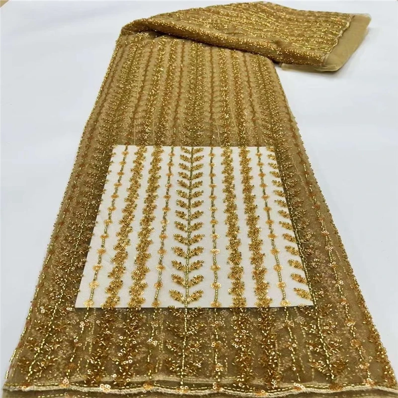 

African Sequins Beaded Embroidery Lace Fabric High Quality French Nigerian Bridal Mesh For Wedding DIY Sewing Dress 5 Yards