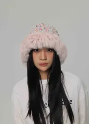 Thickened Plush Knit Cap Women's Autumn/winter Style rabbit hair Warm Ear Protection Face Exposure Small Korean Version