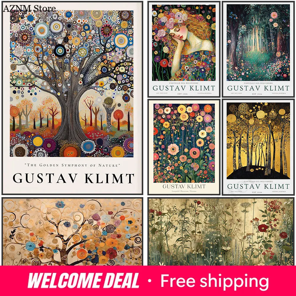 Vintage Gustav Klimt Wildblumen-Poster, Blumengarten-Leinwanddruck, klassische Wandkunst für Wohnzimmer, Heimdekoration