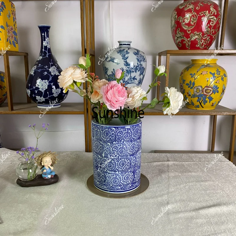 Chinese hand-painted ceramic vase ornament, living room flower arrangement ornament, study straight tube